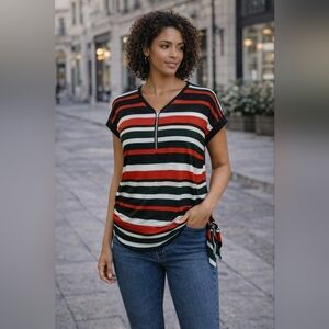 Roz & Ali | Striped Short Sleeve Shirt, Size L